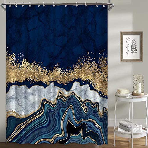 72x72 Inches Abstract Navy Blue Marble Shower Curtain Modern Luxury Grey Gold Marble Shower Curtains with Glitter Golden Cracked Lines Stall Fabric Bathroom Curtains