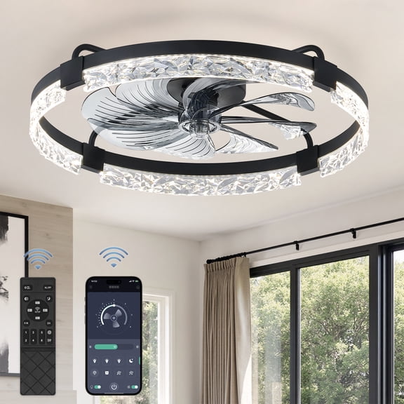 Zardon 24" Flush Mount Ceiling Fan, Modern Dimmable, Remote & APP Control for Living Room, Bedroom, Black