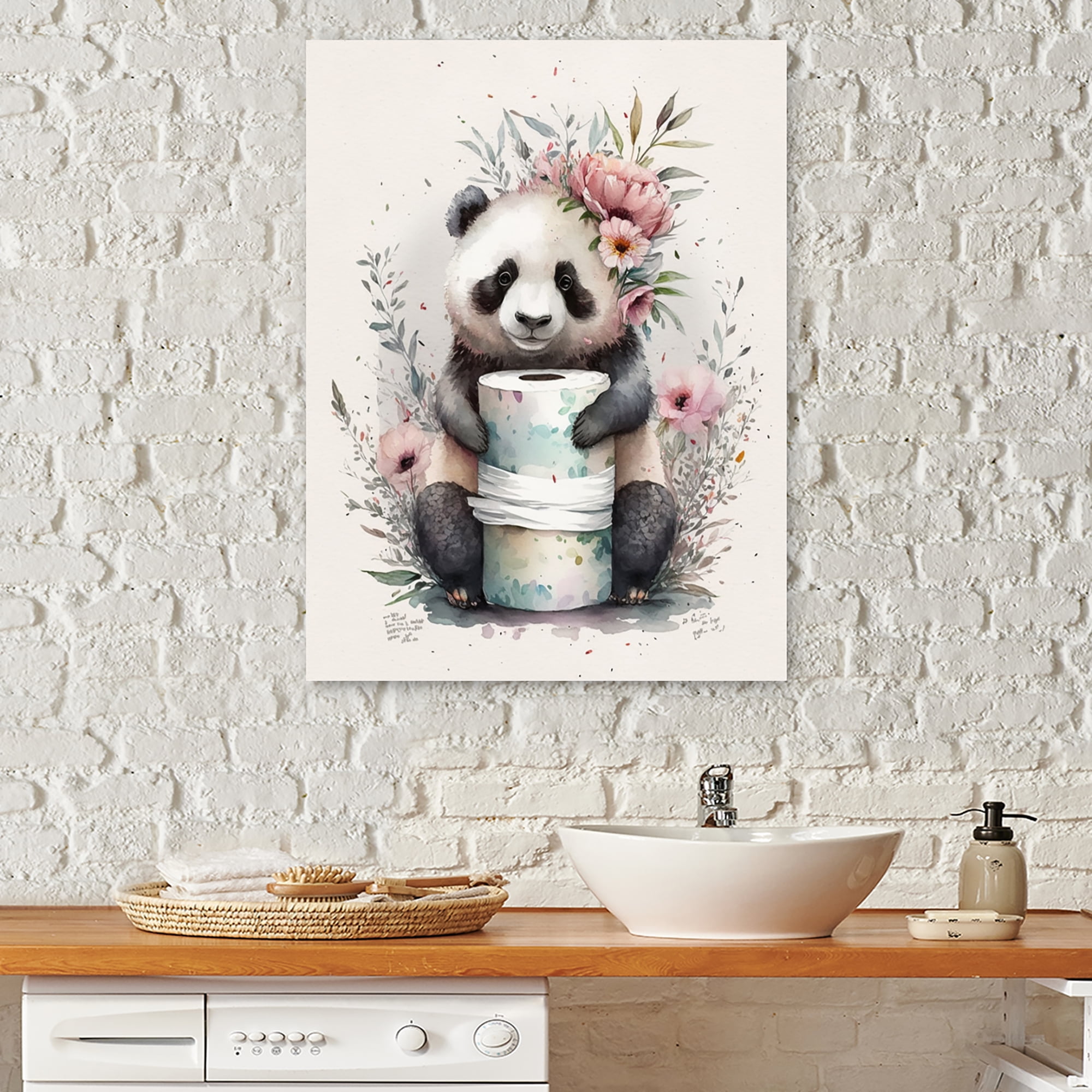 Designart Panda With Roll Of Toilet Paper And Flowers Canvas Wall Art