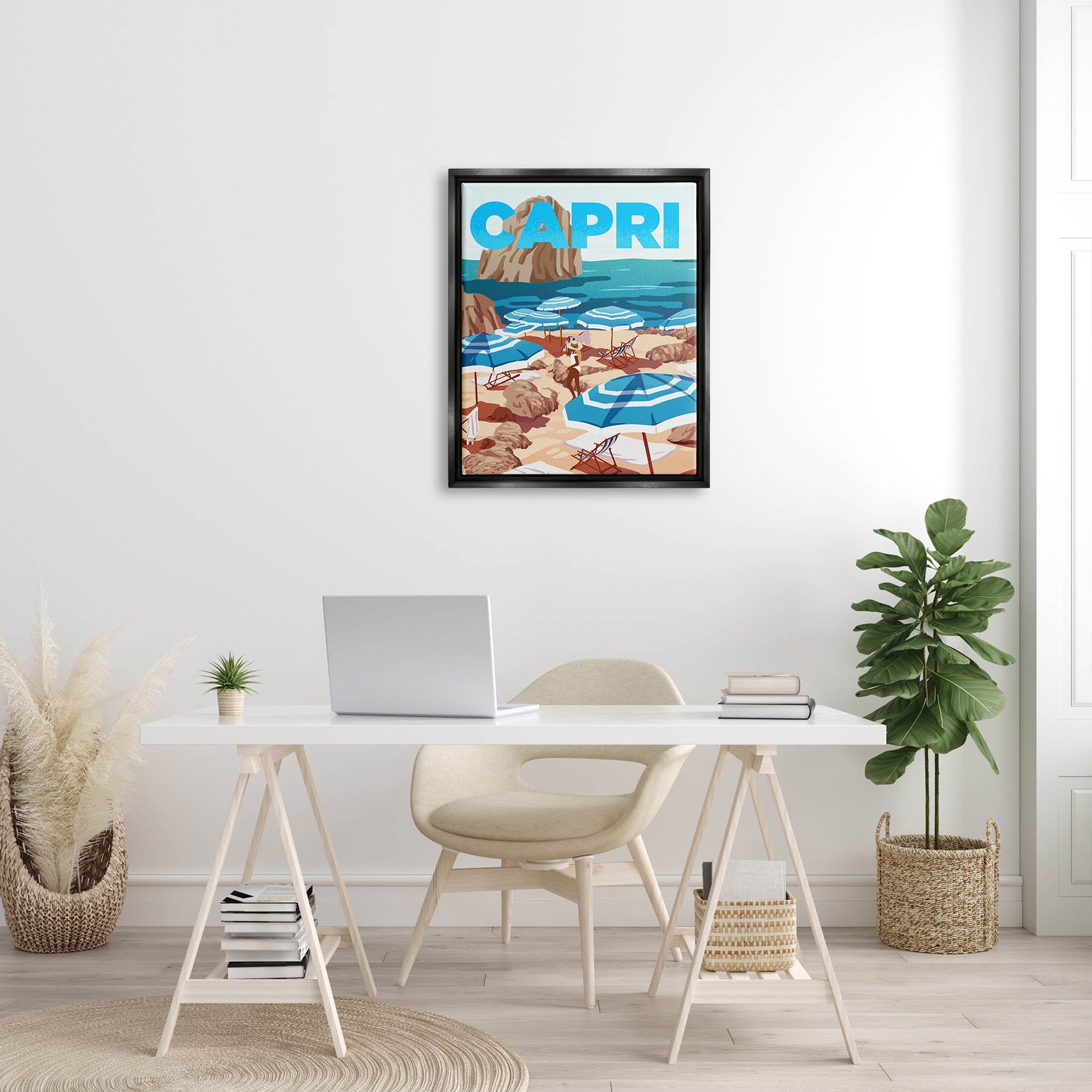 Stupell Industries Capri Italian Summer Beach Island Graphic Art Jet Black Floating Framed Canvas Print Wall Art, Design by Ziwei Li
