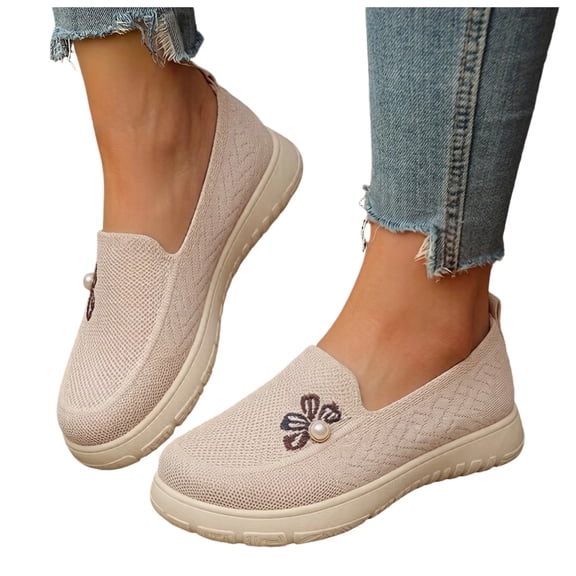 Orthopedic Shoes for Women Slip on Platform Casual Flat Round Toe Cute Knit Mesh Dress Loafers Comfortable Walking Fashion Shoes Beige Size 6.5
