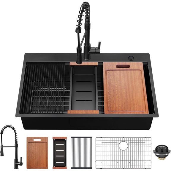 36 inch Matte Black Drop In Workstation Sink with Pull Out Faucet, 16 Gauge Drop In Topmount Stainless Steel Kitchen Sink R10 Round Corner Handmade Single Bowl Sink with Accessories