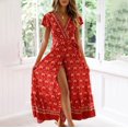 thumbnail image 4 of snowsong Robes Décontractées pour Femmes Robes d'Été Décontractées Col en V Imprimé Floral Taille Haute Ceinture Manches Courtes Ourlet Fendu Robe d'Automne Robe Femme Rouge Pastèque TTG, 4 of 5