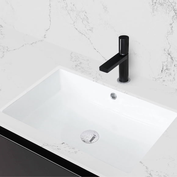 Lavabo de Salle de Bain Rectangulaire Élégant sous Plan 24 1⁄2"L x 16 1⁄2"P en Porcelaine Blanche avec 2 Anneaux Anti-Débordement P-208
