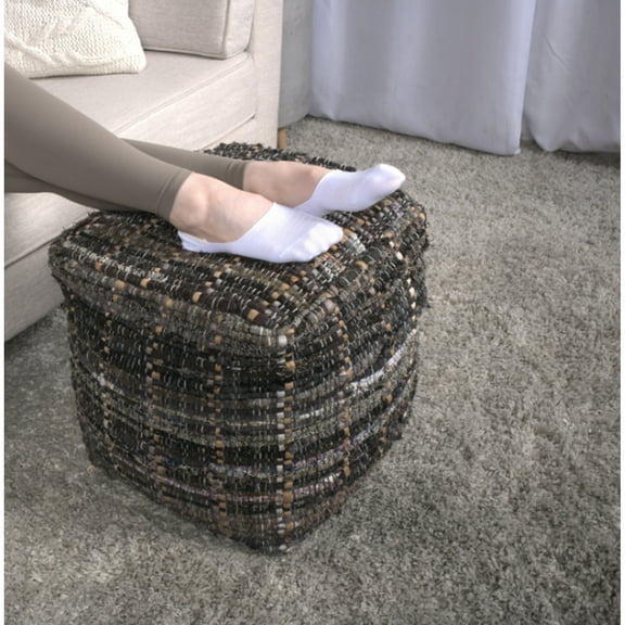 Khaki Fabric Handmade Pouf - 93% Recycled Denim & 7% Paper , Gorgeous Multicolor Braided Decoration, 250lb Capacity, Beads Inside, 16 Inches Charming Style, Filled With Beads, 16x16x16in Item Product