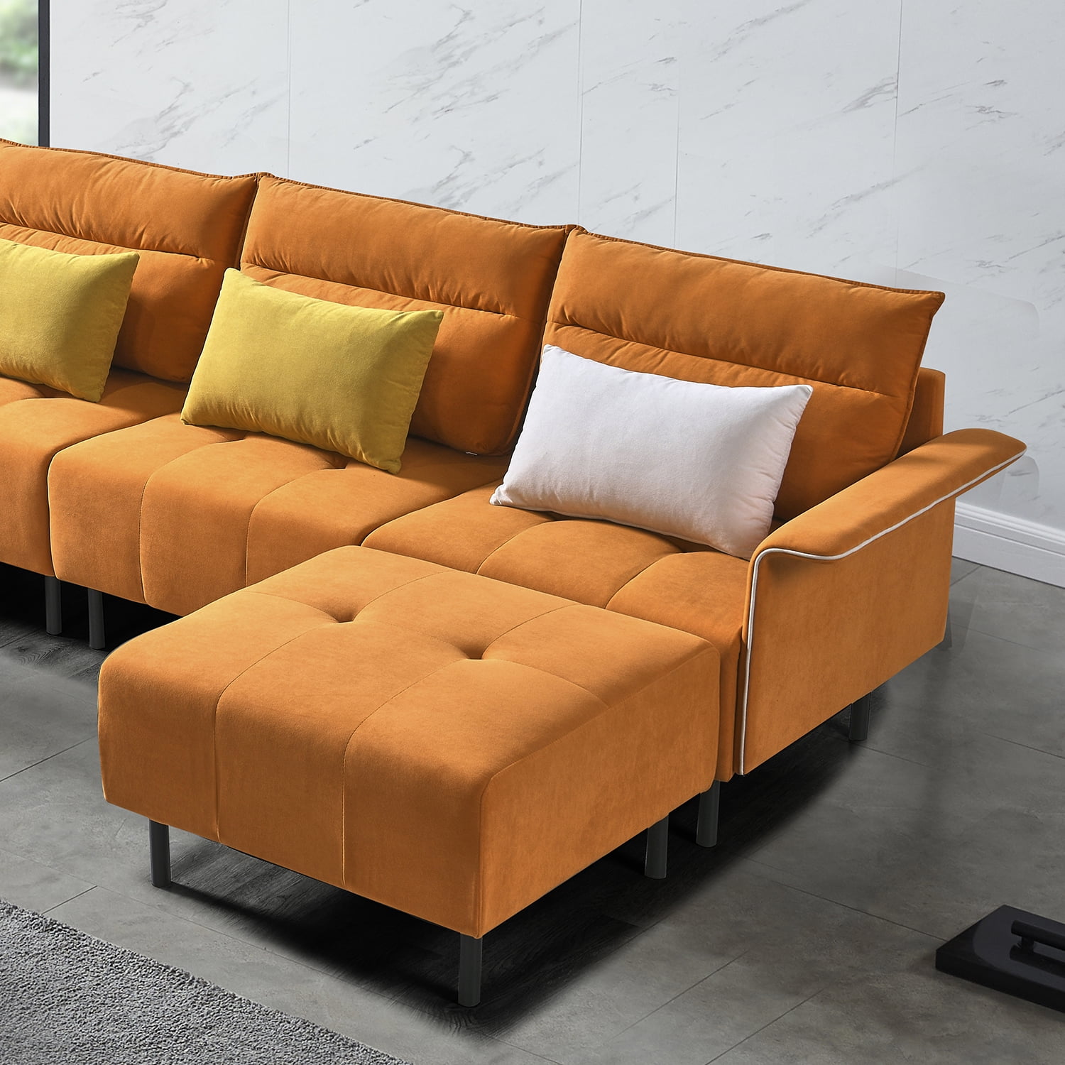 Resenkos Modern Sofa for Living Room Large Velvet Fabric U-Shape Sofa Set for Living Room, Couch for Bedroom Double Extra Wide Chaise Lounge Couch, Orange Resenkos Modern Sofa for Living Room Large Velvet Fabric U-Shape Sofa Set for Living Room, Couch for Bedroom Double Extra Wide Chaise Lounge Couch, Orange