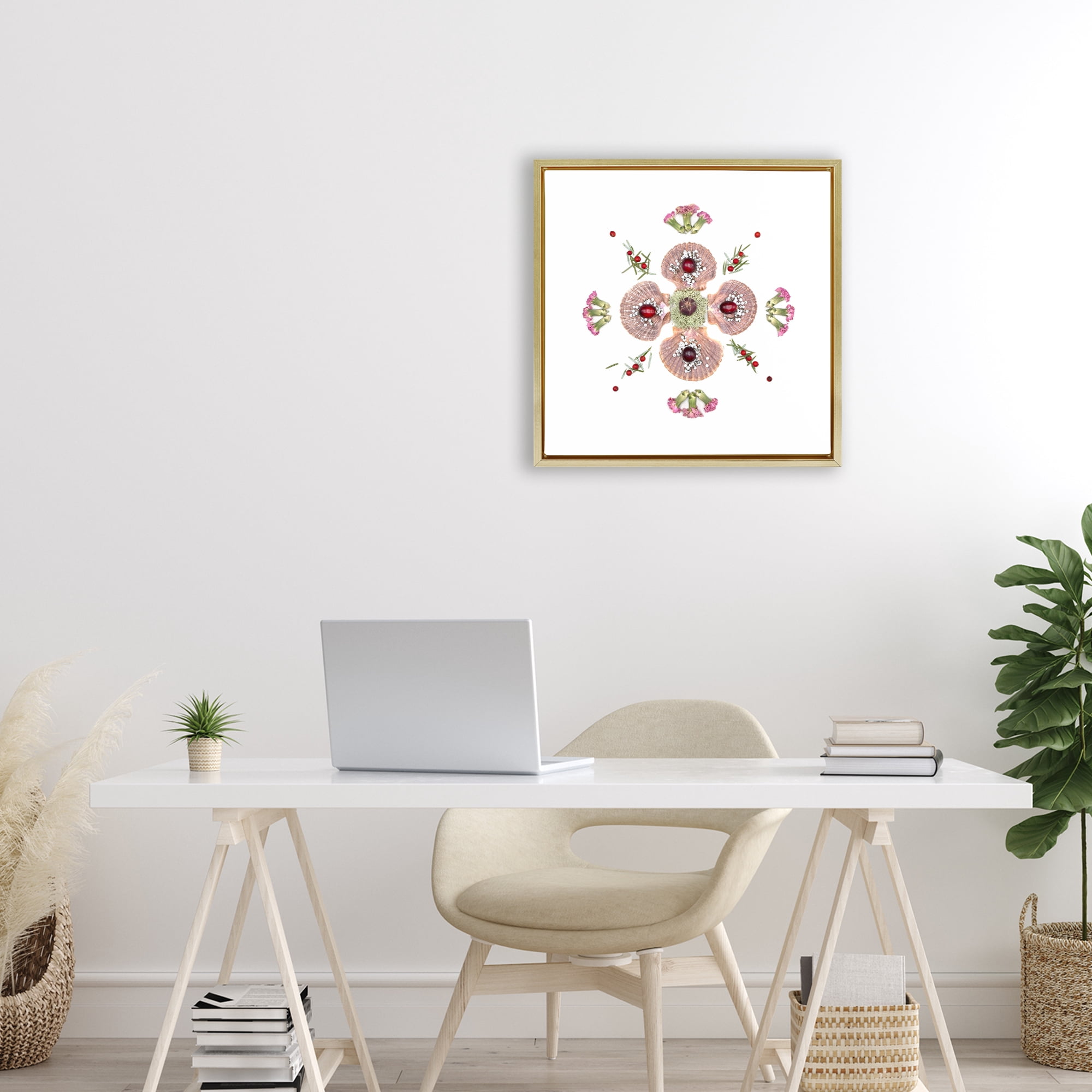 Stupell Industries Clam Shells & Botanicals Pattern Gold Framed Floater Canvas Wall Art, design by Beth Adoette