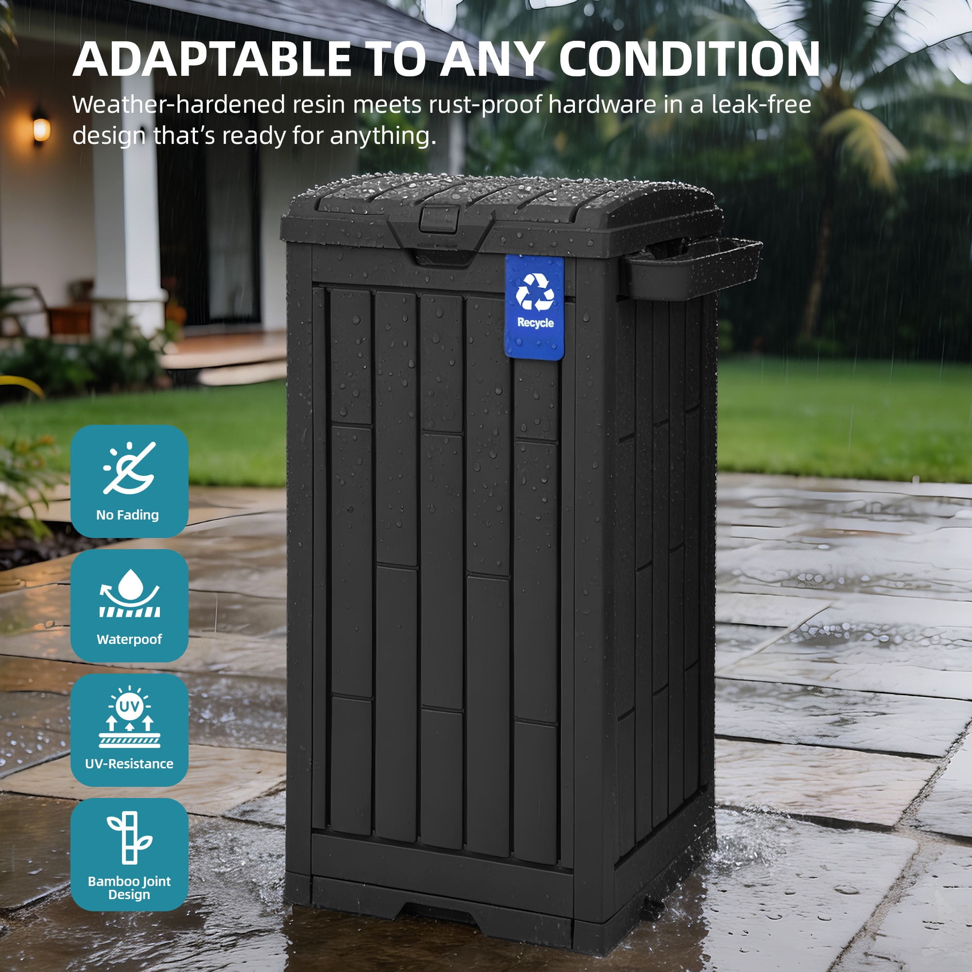 Uforic 38 Gallon Outdoor Trash Can Set of 2, Resin Garbage Bins with Lid, Sorting Labels, Ash Holder, Stakes & Suction Cups for Patio Backyard Garden, Black