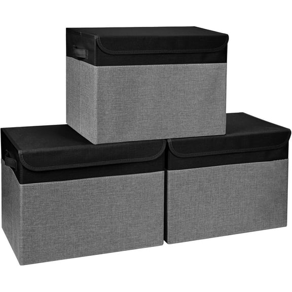 Large 17" 42 Quarts Collapsible Stackable Storage Bins with Lids [3-Pack] Foldable Fabric Linen Storage Boxes Cube, Closet Organizer Baskets with Label for Home (16.7 x 12 x 12", Black & Gray)