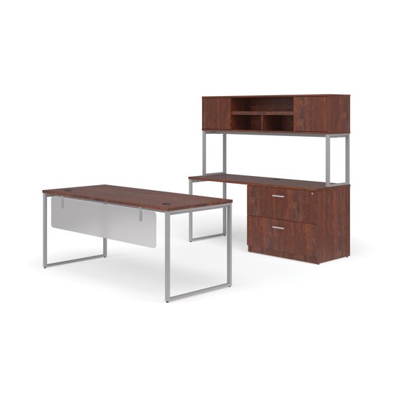 OFM Fulcrum Series Office Furniture Set, 72" Table Desk, 72" Credenza, Lateral Filing Cabinet, Hutch, Modesty Panel, in Cherry