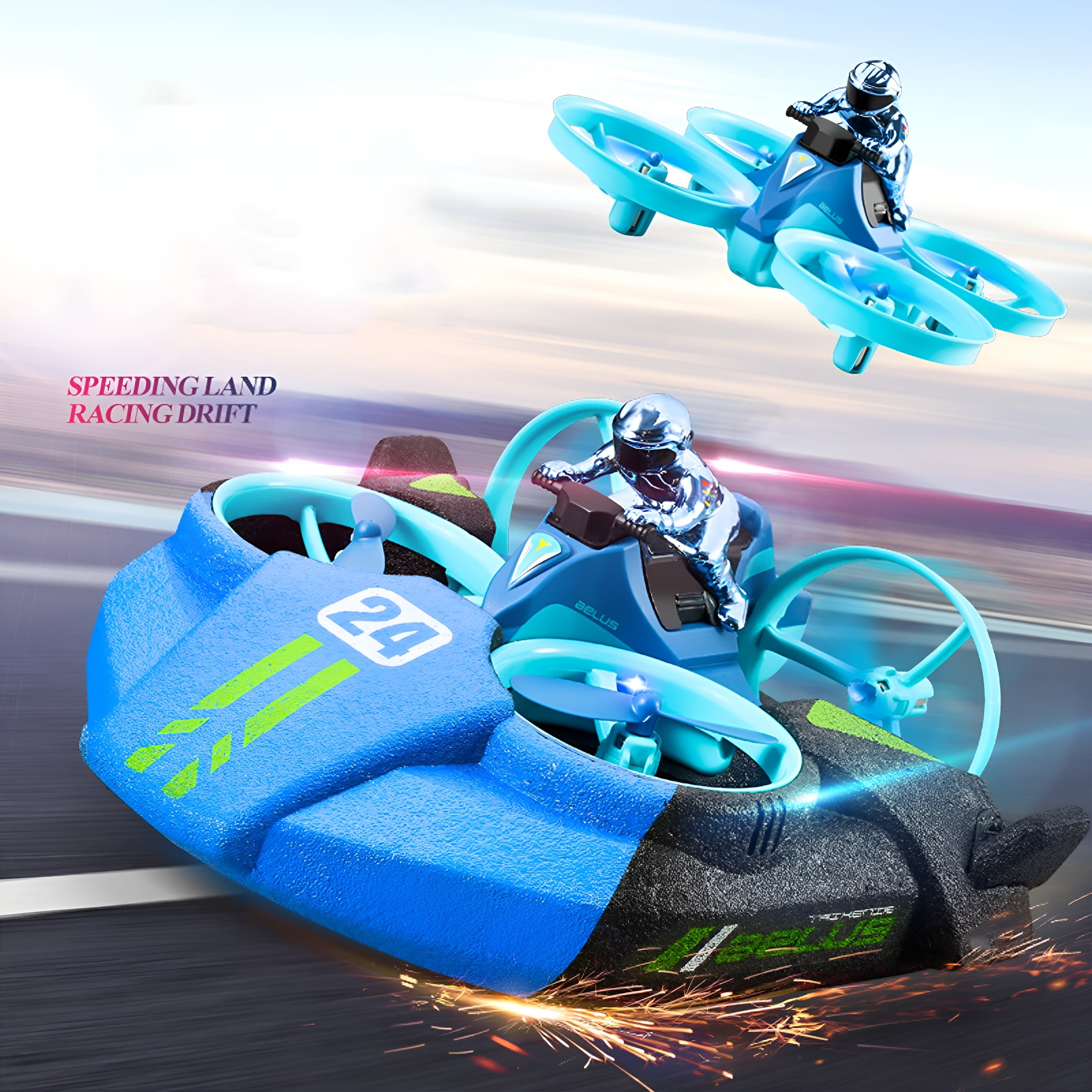 BESTSKY 3-in-1 Land Water Air Remote Control Toy - All-Terrain RC Car/Stunt Drone/Hovercraft Boat,Waterproof 360° Tumbling Drift Car with Anti-Collision Design,High-Speed Amphibious RC Toy