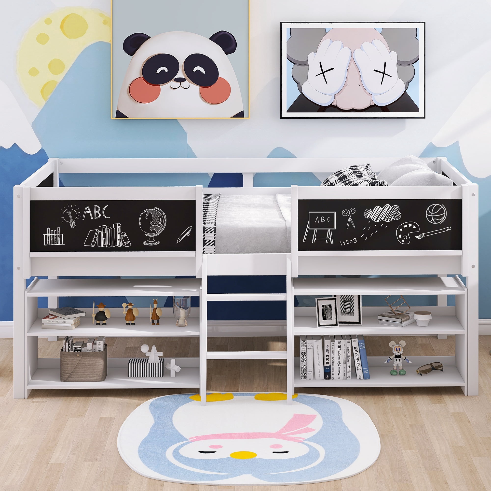 Euroco Wood Twin Loft Bed with Chalkboards for Bedroom, Low Profile Bed with Blackboard and Shelves for Kids Teens, White