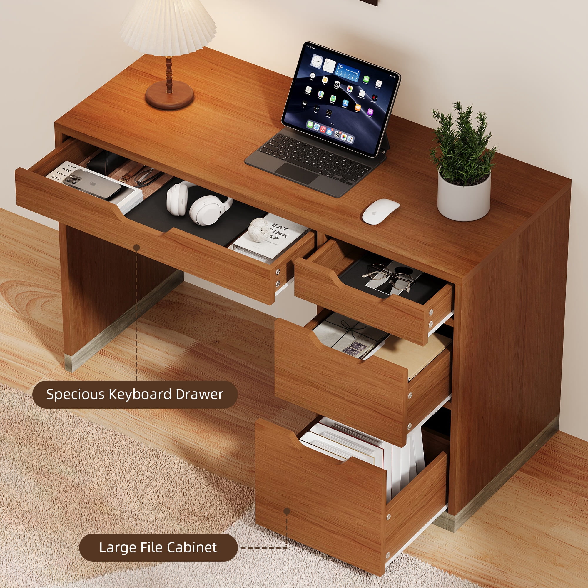 4 EVER WINNER 48" Computer Desk with Drawers, Home Office Writing Desk with Spacious Legroom, Modern Study Desk for Bedroom, Office and Small Spaces，Brown