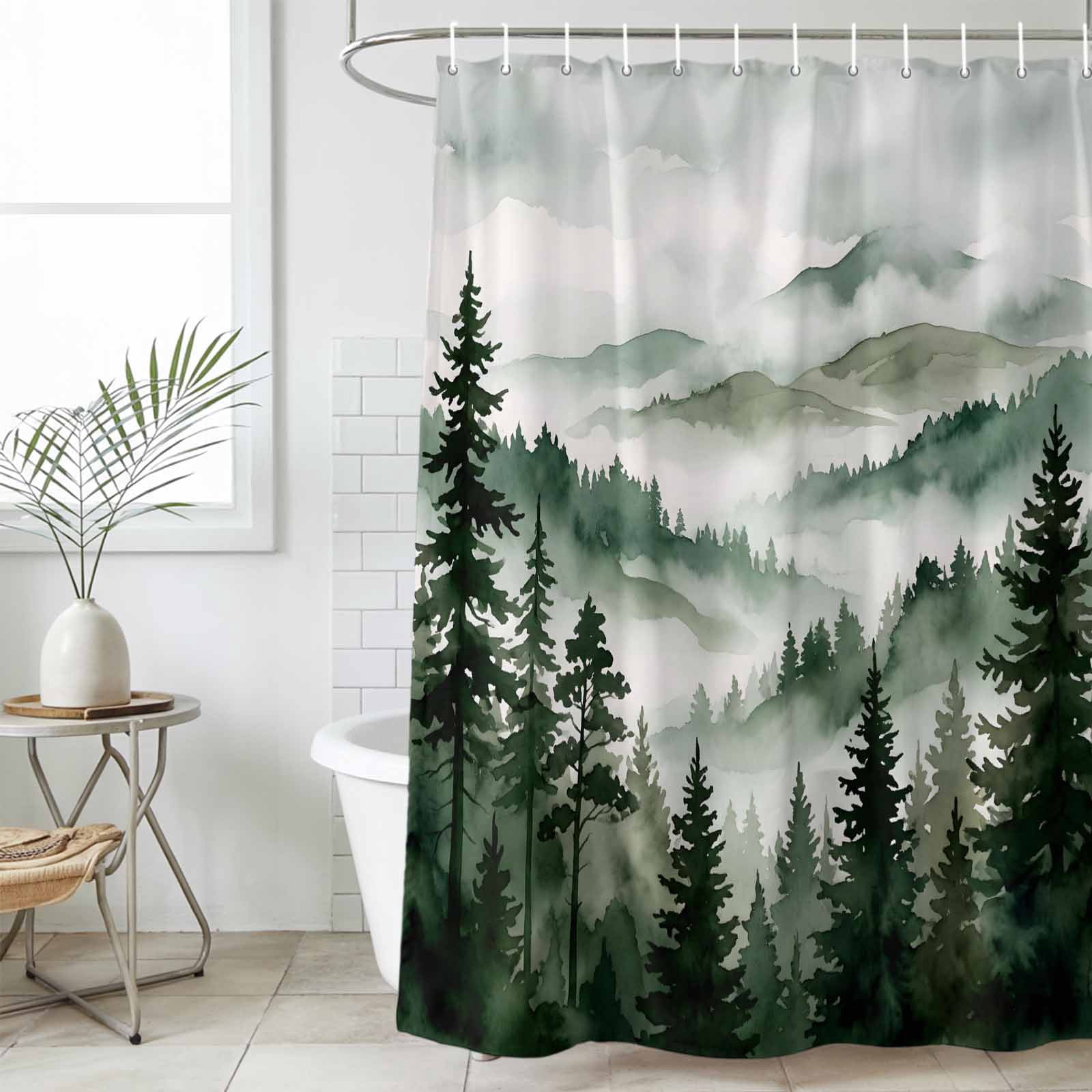 Shower Curtain Bathroom Set Forest Green Gradient Tree Mountain Waterproof Fabric Shower Curtains with Grommets&Hooks, Natural Scenery Privacy Bath Curtain for Bathtub 36x72in