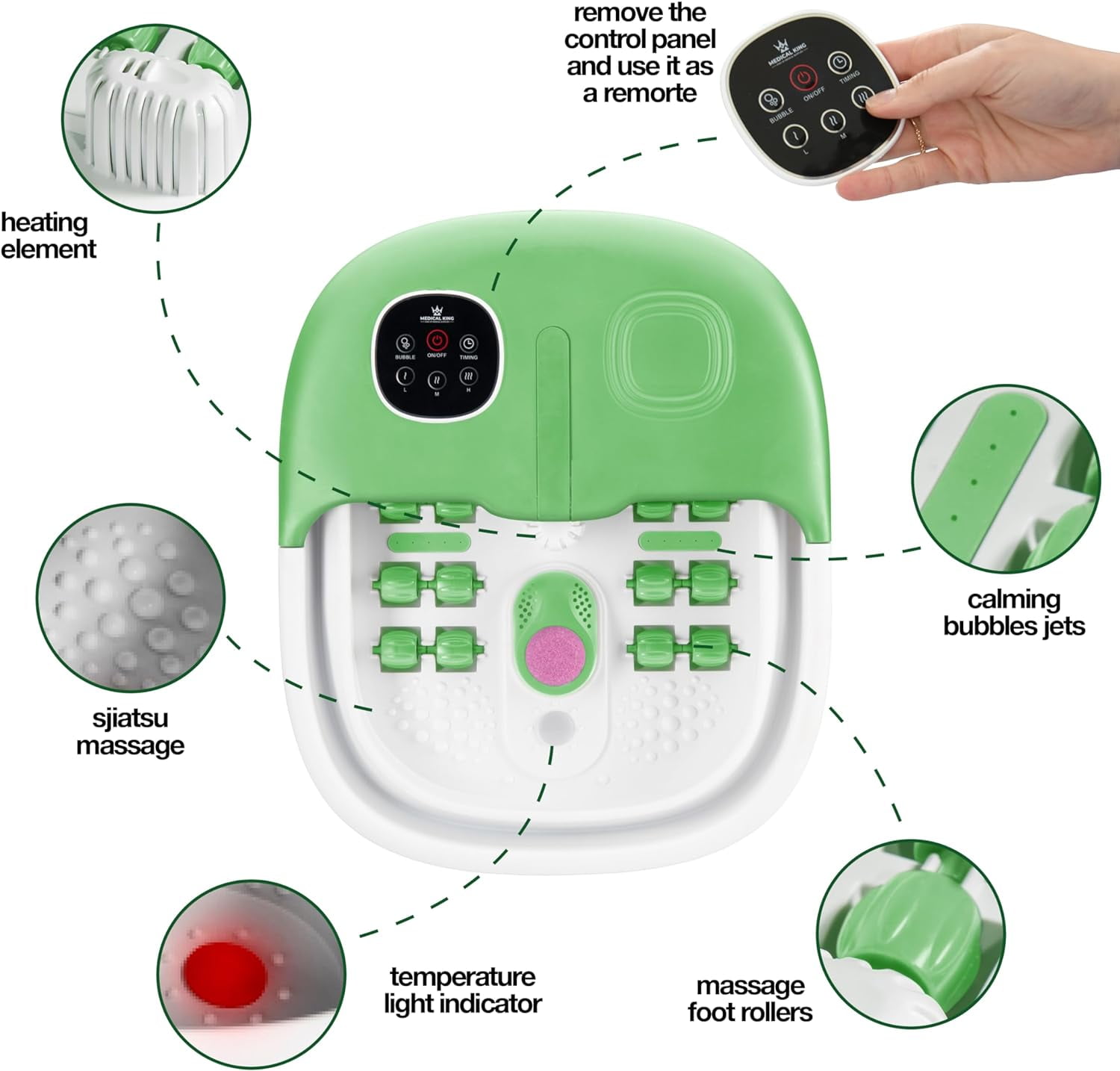 Medical King 5-in-1 Foot Massager with Heat, Jets, Remote-Control and Pumice Stone, Green (1 Piece)