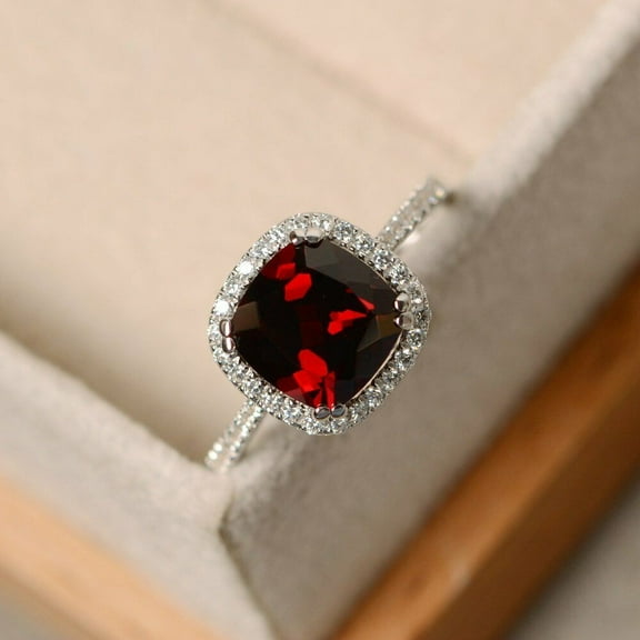 2Ct Cushion Cut Lab Created Red Garnet Women's Ring 14K White Gold Plated Silver
