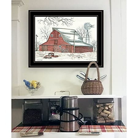 TrendyDecor4U "Étable d'Hiver avec Camionnette par Cindy Jacobs, Prêt à Accrocher Imprimé Encadré, Cadre Noir