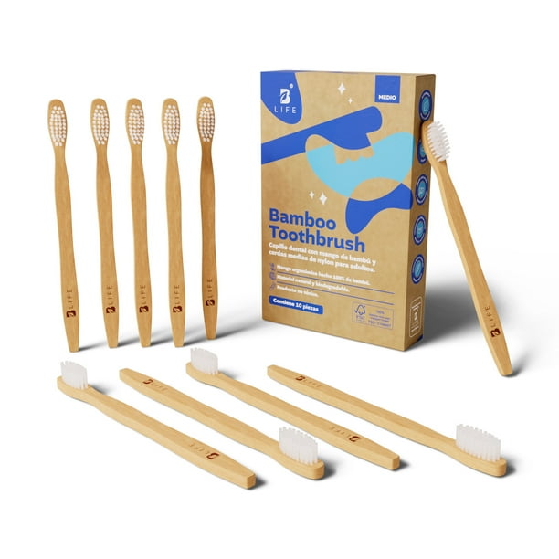 Cepillos Dentales de Bambú | Kit de 10 piezas | Cerdas Medias de Nylon sin BPA | B Life