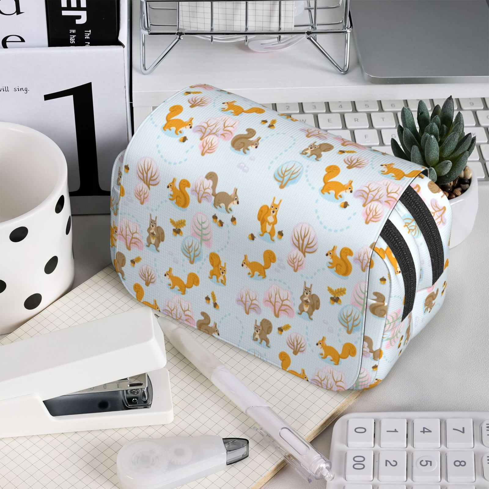 Rateoe Squirrel In The Forest Pattern Double Clamshell Pen Case, Storage Organizer with Two Zipper Compartments– Holds Up to 50 Pencils & Pens