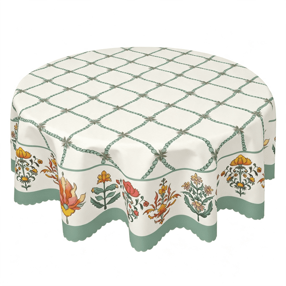 Odenmar 70 inch Round Tablecloth, Green Floral Lattice Pattern Decorative Cover for Dining Kitchen Party Home Everyday Decor