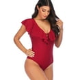 thumbnail image 7 of SAYFUT Women's One Piece Swimsuit V Neck Ruffle Monokinis Swimwear Crossback Bathing Suits Black/Jujube Red, 7 of 7