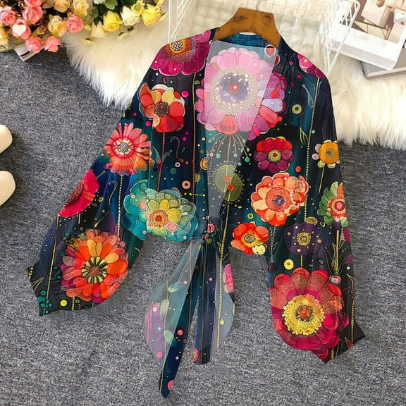 Fznquz Shrugs Women Sweaters Sweater Chiffon Cover Up Tie Front Graphic Bolero Ladies Tops