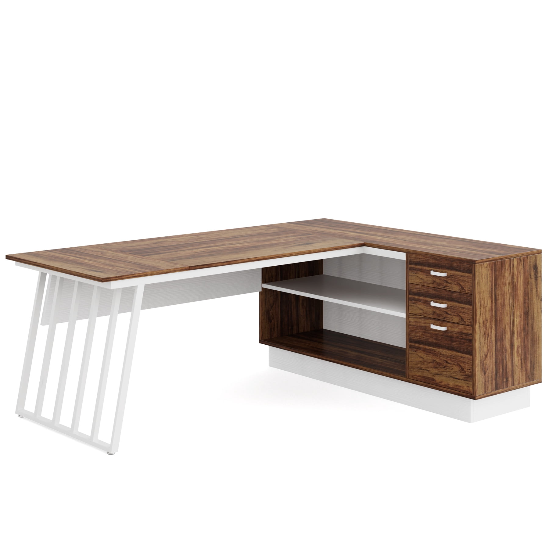 Fnova 71" L-Shaped Executive Desk with Storage Drawers and Open Shelves, Industrial Office Desk Writing Desk with File Cabinet, Spacious Corner Computer Desk for Home Office