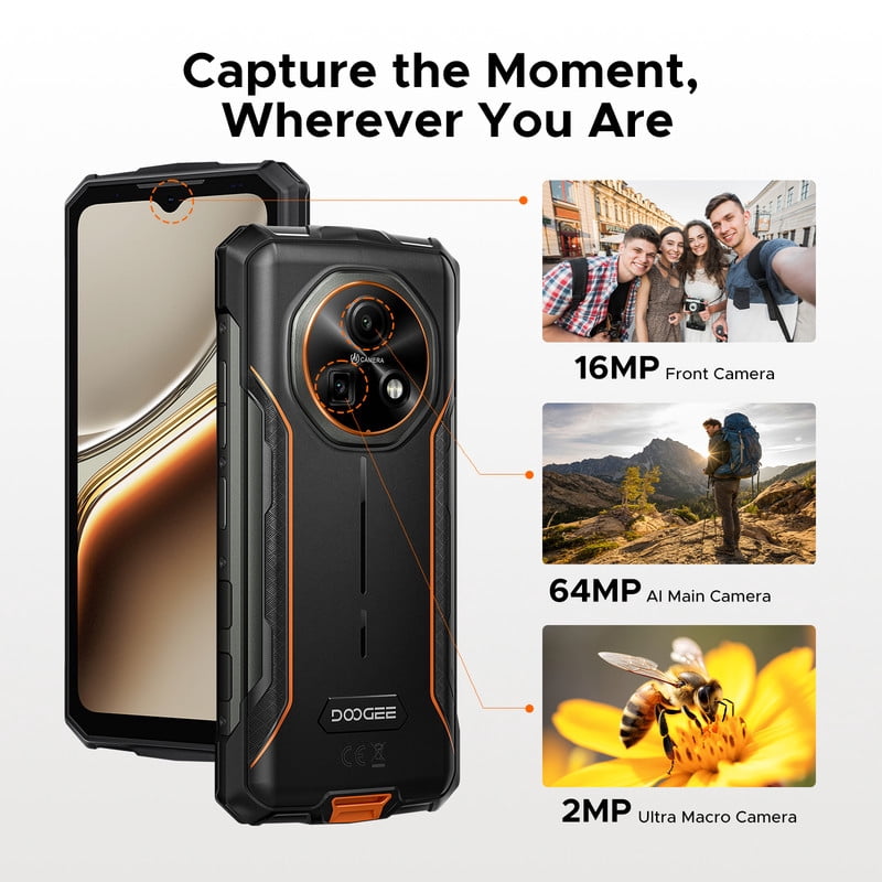 DOOGEE Fire 7 AI 5G Rugged Phone,13000mAh/18W,16GB+256GB/TF 2TB Rugged Smartphone Unloced,6.6"HD+ 90Hz Dimensity 6300,64MP+16MP,IP68/IP69,Nfc/Face ID