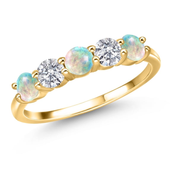 Gem Stone King 18K Yellow Gold Plated Silver Simulated White Opal and E - F Lab Grown Diamond Wedding-Bands Ring for Women | 1.29 Cttw | Round Cabochon 4MM | Gemstone October Birthstone | Size 6