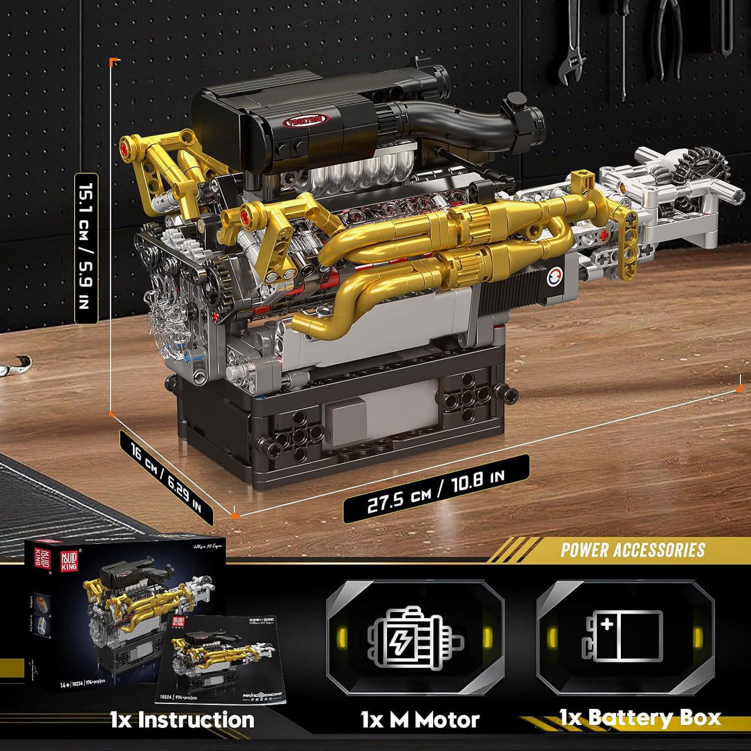 10224 V12 Engine Model that Works - Build Your Own V12 Engine Toy, Petrol Car Engine Replica Model Building Kit for Car Enthusiasts & Collectors (974 Pieces)