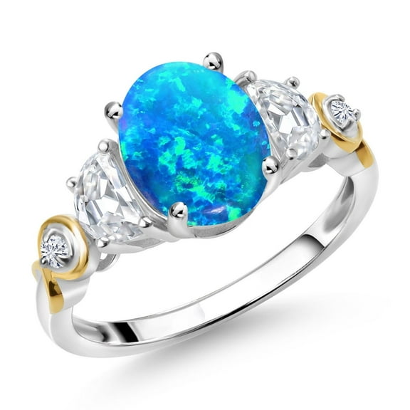 Gem Stone King 925 Silver and 10K Yellow Gold 3-Stone Ring Oval Cabochon Blue Simulated Opal and Half Moon Moissanite | 1.06 Cttw | Gemstone Birthstone (Size 9)