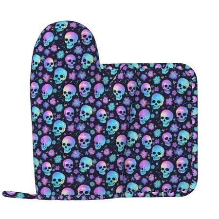 

Oven Mitts and Pot Holders Sets pink blue Skull flower Non-Slip Silicone Oven Gloves Potholders Cotton Lining Heat Resistant Gloves Hot Pads for Kitchen Cooking Baking
