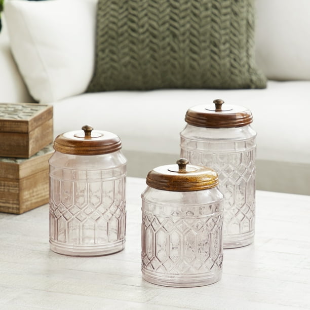 DecMode 8", 9", 11"H Clear Glass Decorative Jars with Wood Lids, 3