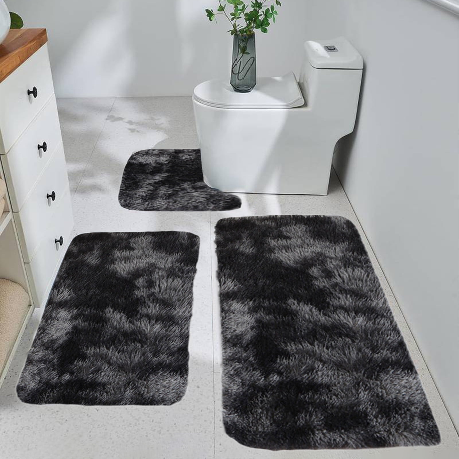 InsCrazy Bathroom Rugs Sets 3 Piece Mixed Color Bath Mats 3 Set Winter Toilet Mats Universal Soft Water Absorption Non-Slip Thick Machine Washable Easy To Dry Dark Bath Decor