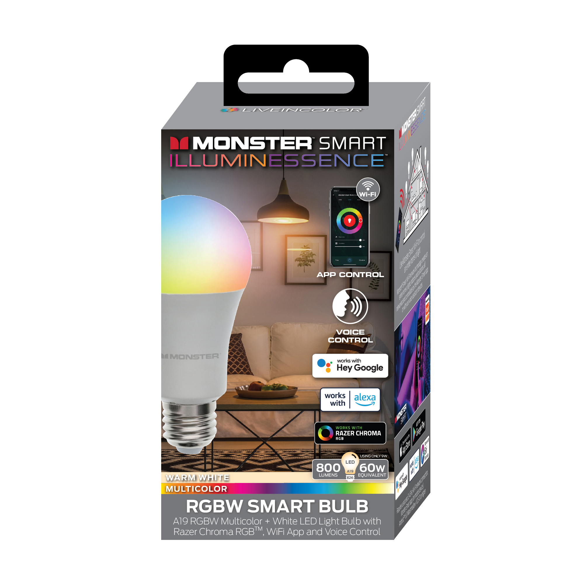 Monster Smart A19 LED Light Bulb, Multicolor & Warm White Light Bulb for Home Lighting, App & Voice Control