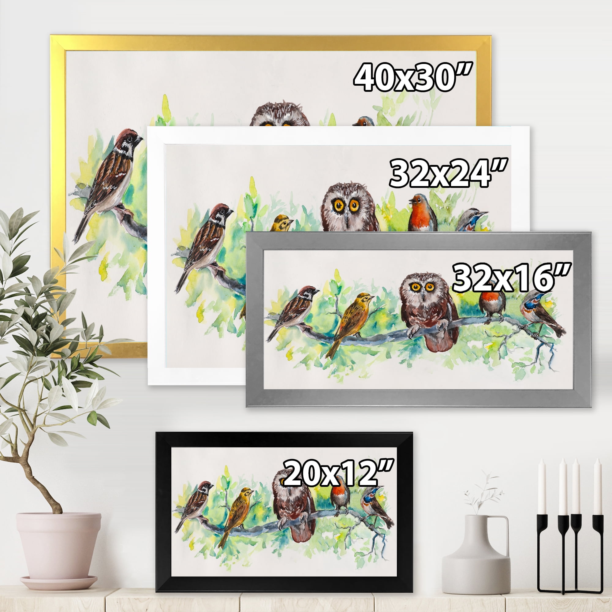 Designart 'Bird Friends With Owl On A Branch' Traditional Framed Art Print