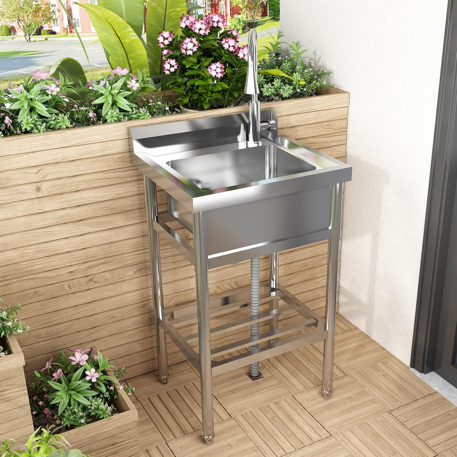 Stainless Steel Utility Sink, Free Standing Single Bowl Kitchen Sink with Cold and Hot Water Pipe and Faucet, Washing Hand Basin for Laundry Room Kitchen Restaurant Garage Garden Backyard