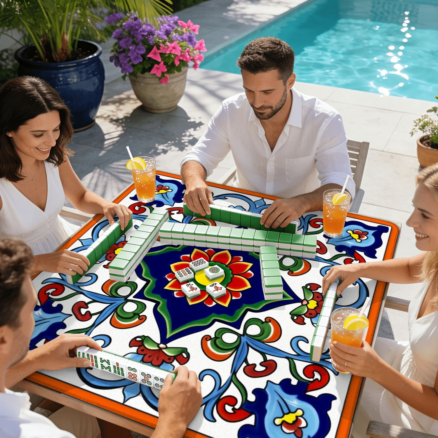 Mahjong Mat 31.5" x 31.5" Floral Geometric Tile Vibrant Colors Symmetrical Design Non-Slip Noise Reduction American Mahjong Tiles Table Cover for Dominoes Poker Card Board Games Gift