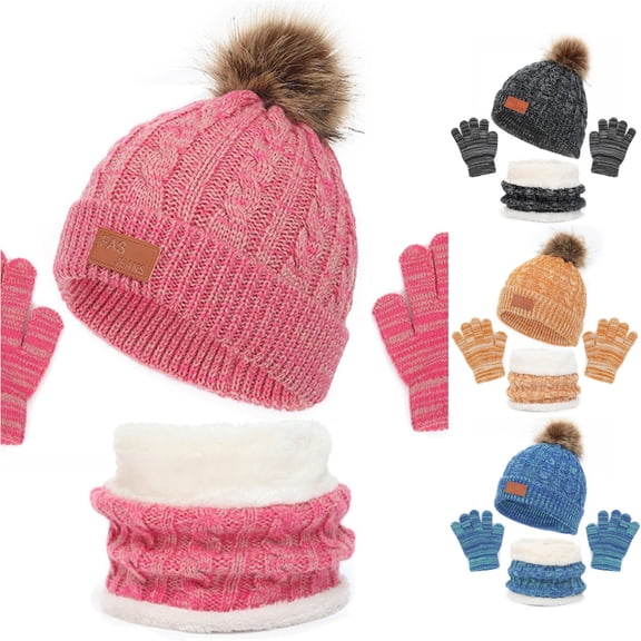 HNMKIU Kids Winter Hat Scarf Set Cozy Knitted Three-Piece Outdoor Playsuit for Toddlers Baby Boys Girls Warm Fashion Accessory Pink - M