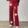 thumbnail image 2 of Embroidery Floral Sweater Pants for Womens Casual Loose High Waisted Boho Straight Wide Leg Knit Comfy Lounge Pants Loungewear Fall Clothes - Red,S, 2 of 7
