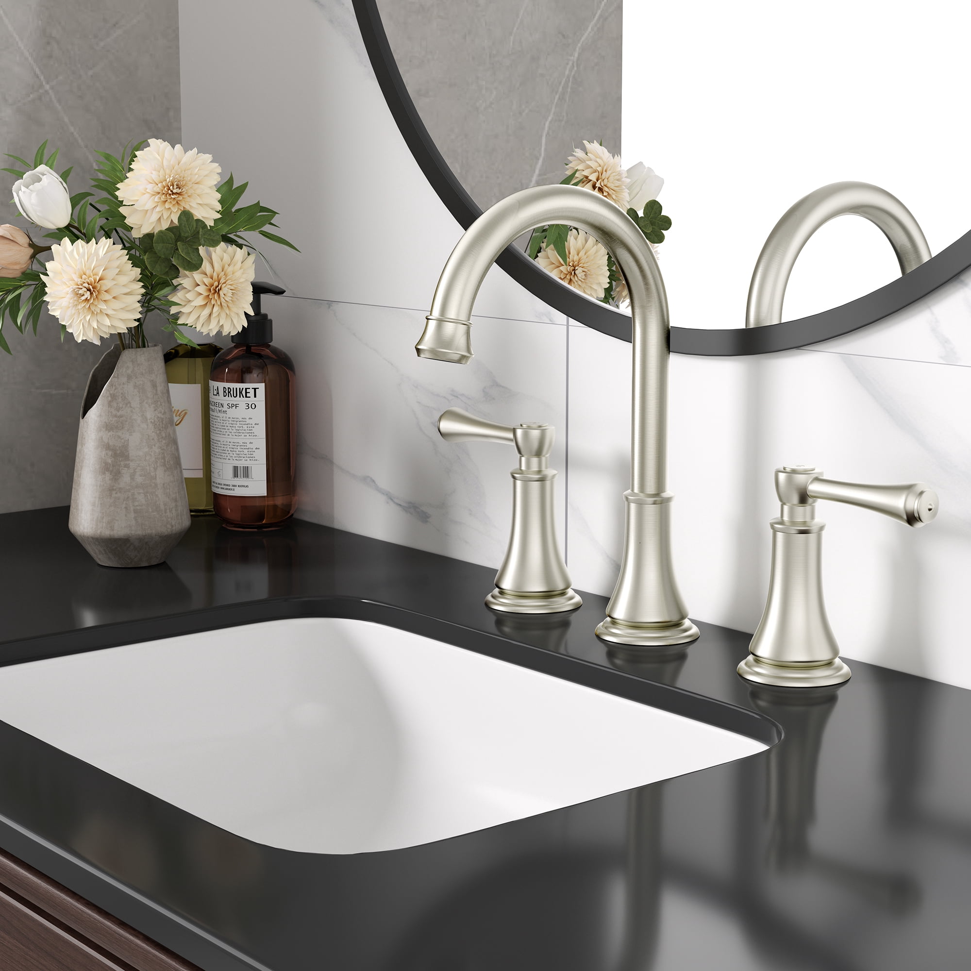 SUGIFT 8" Widespread Bathroom Faucet, Brushed Nickel Bathroom Vanity Sink Faucets with Pop-up Drain and Supply Hoses