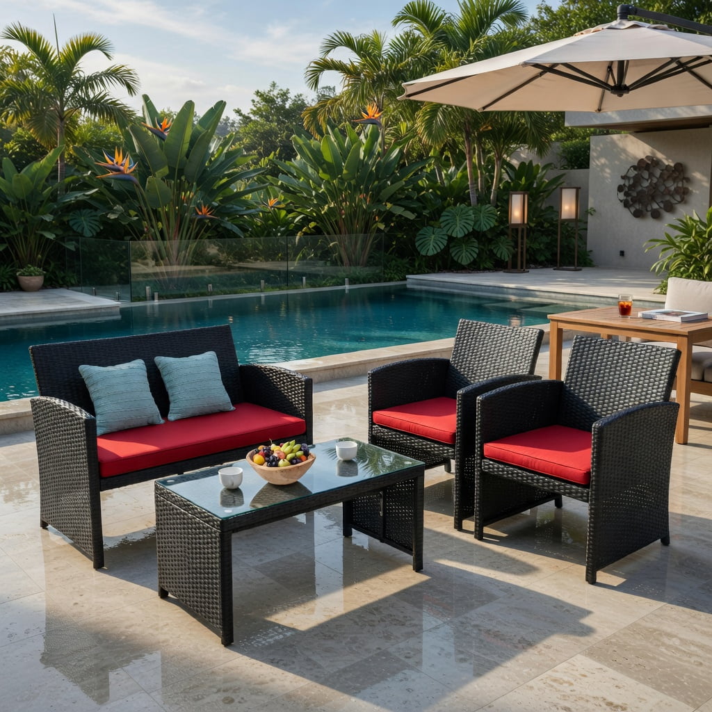 Hommoo 4-Piece PE Rattan Patio Furniture Set with Weatherproof Cushions, Tempered Glass Coffee Table, Loveseat & 2 Single Sofas for Backyard, Balcony, Poolside, Red