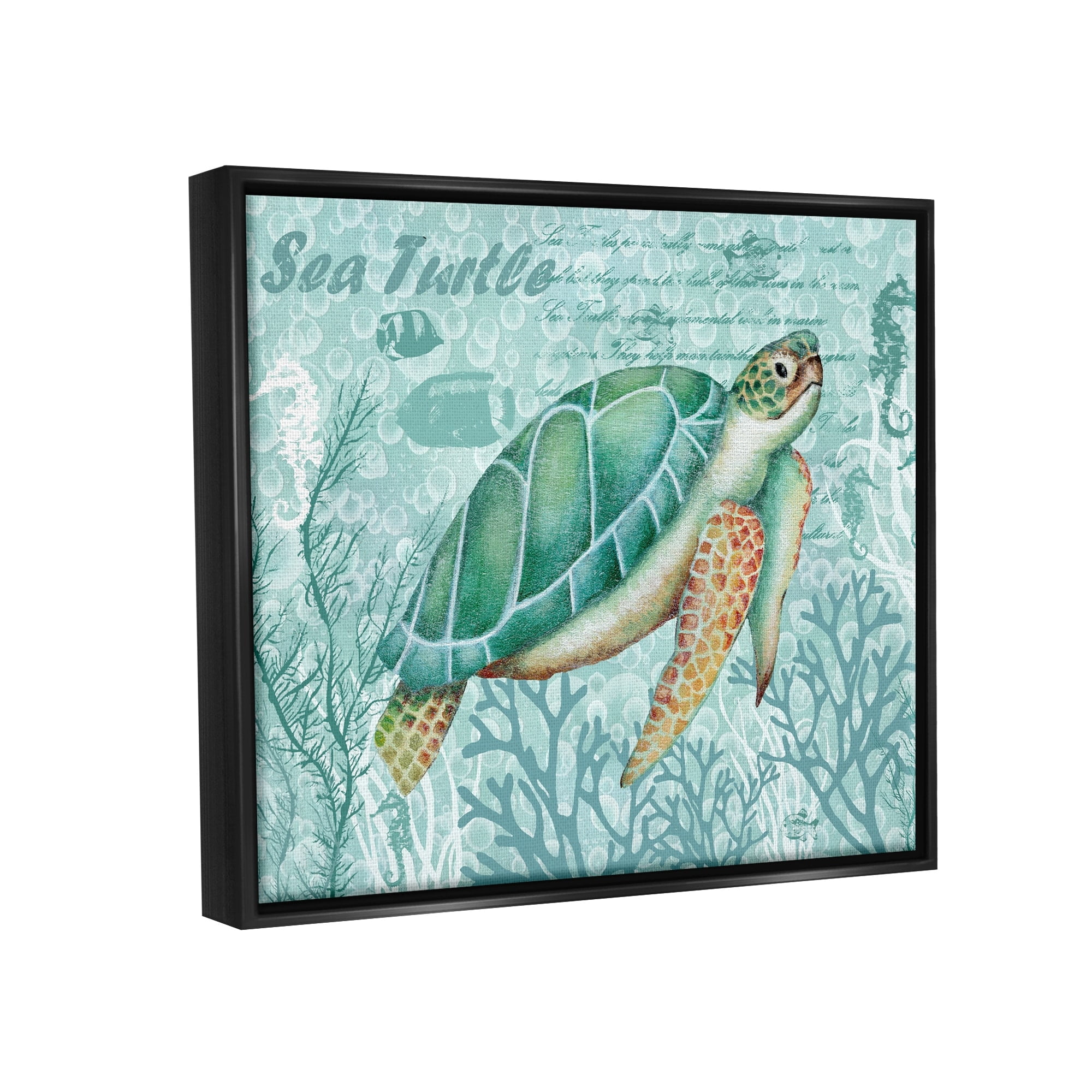 Stupell Industries Coral Bordered Sea Turtle Seahorse Script Calligraphy Graphic Art Jet Black Floating Framed Canvas Print Wall Art, Design by Emma Leach