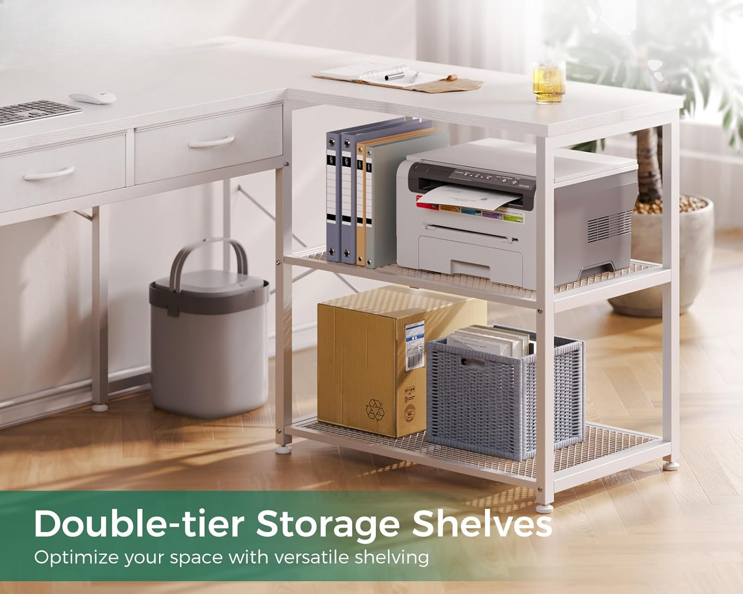 53 Inch L Shaped Computer Desk with Drawers, Power & Reversible Storage Shelves, White
