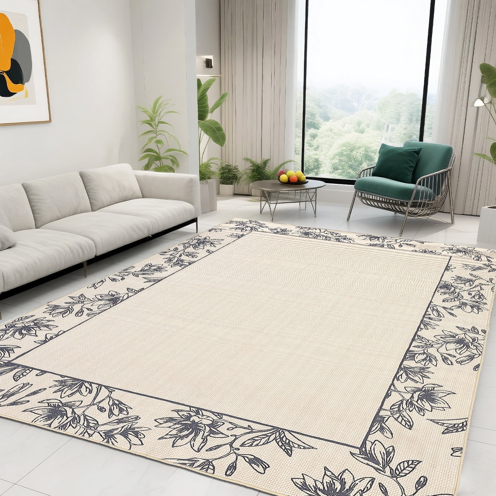 Garvee 10'x13' Solid Floral Area Rugs Modern Bordered Washable Rugs, Soft Non Slip Carpet Low Pile Rug for Living Room Bedroom Home Decor, Beige
