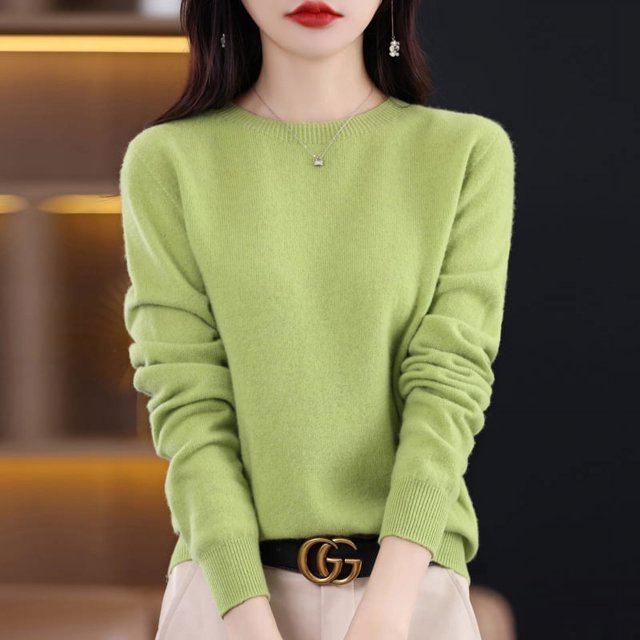 Suéter de lana 100 % pura para mujer, jersey de punto informal, otoño e invierno, suave y cálido, de lana caliente, manga larga, básico, cuello redondo