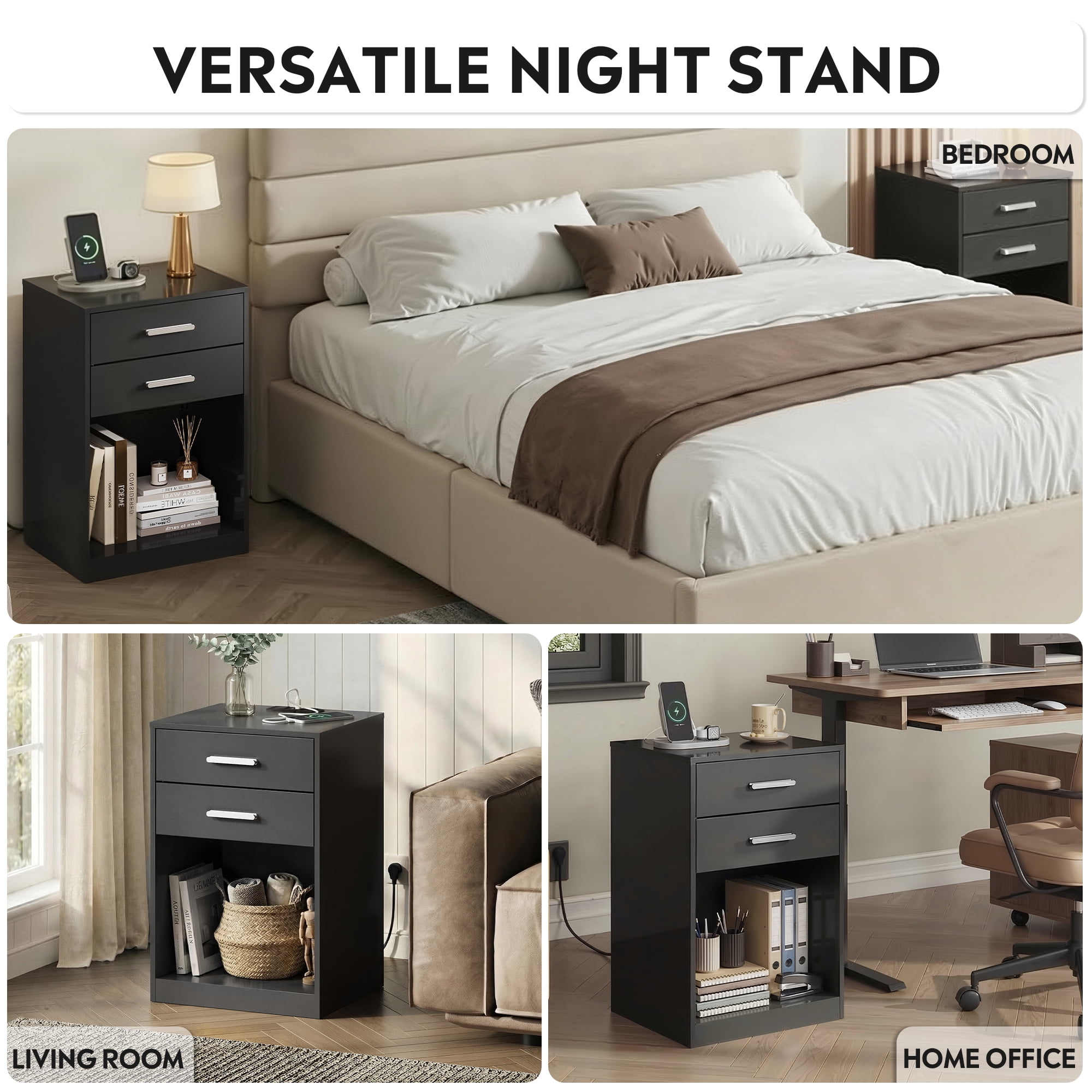 GALAXHERO Nightstand Set of 2 with Charging Station and 2 Drawers, Wood Bedside Table End Table with Open Shelf for Bedroom, Living Room, Black
