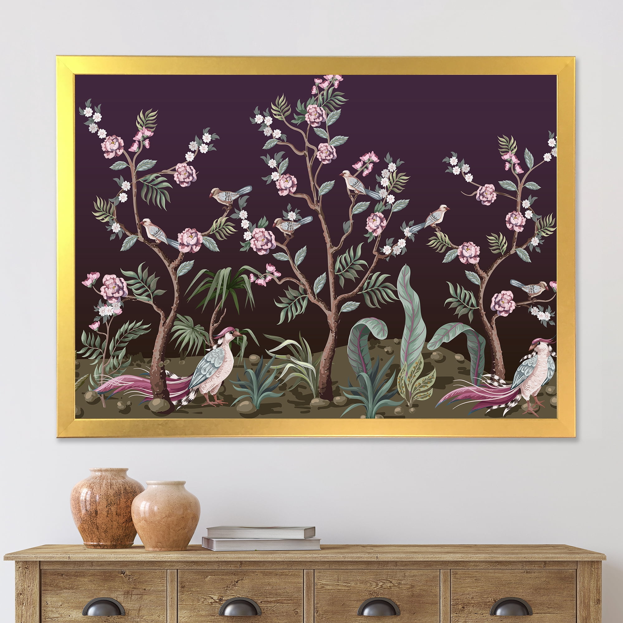 Designart 'Chinoiserie With Peonies and Birds I' Traditional Framed Art Print