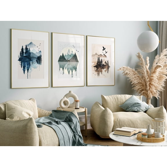 Japandi Abstract Lake Mountain Landscape Art Wabi Sabi Neutral Muted Decor Set 3 Unframed Paper Print 8x12