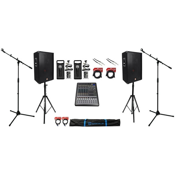 (2) Rockville 15” Speakers Mixer Mics Stands Cables For Church Sound Systems